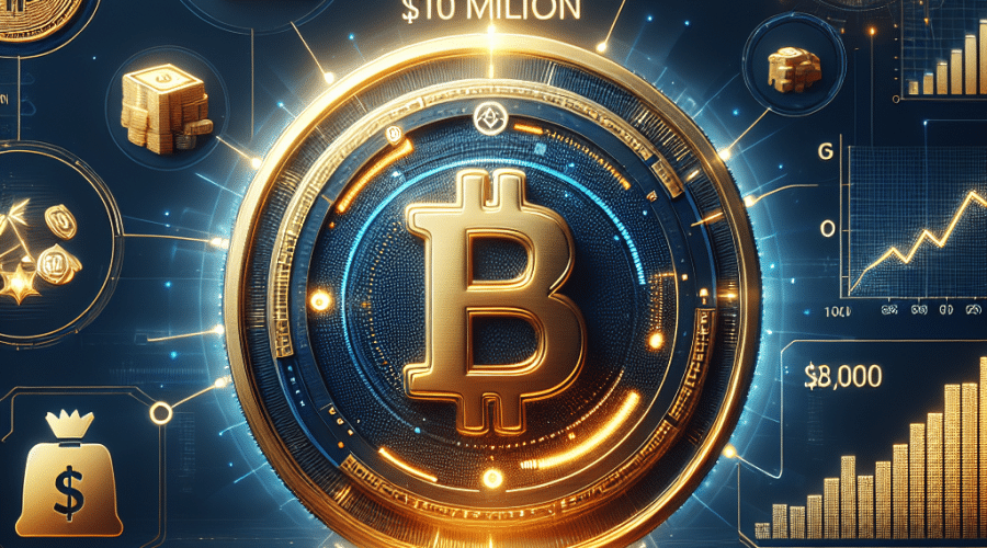 "Bitcoin coin amidst financial symbols and rising graph showing exponential growth, overlayed with the Strike platform logo, against a backdrop of dark and midnight blue. A digital clock in the corner, counting from $0 to $10 million, symbolizes rapid loan growth. Elements of striking orange hue highlight the upward growth graph and the clock counter. The date 'May 7' is subtly integrated within the clock design."
