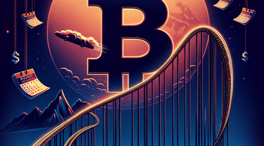 "SEO alt-text: Bitcoin symbol in dark blue contrasting against vibrant orange rollercoaster track reflecting unstable journey towards $100K mark, underlining 'Sell in May' market trend with falling midnight blue calendar pages, shadowy recession cloud overlay, and thought-provoking text 'Bitcoin's seasonality: Aiming for $100K or Bracing for a Dip?' in midnight blue, in a 1200x628 pixels image."