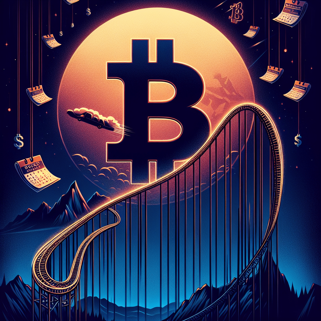 "SEO alt-text: Bitcoin symbol in dark blue contrasting against vibrant orange rollercoaster track reflecting unstable journey towards $100K mark, underlining 'Sell in May' market trend with falling midnight blue calendar pages, shadowy recession cloud overlay, and thought-provoking text 'Bitcoin's seasonality: Aiming for $100K or Bracing for a Dip?' in midnight blue, in a 1200x628 pixels image."