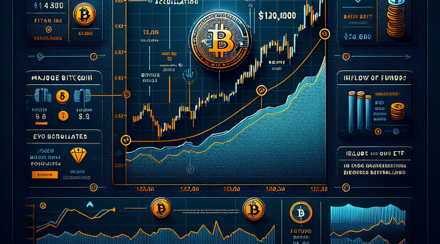 "SEO optimized alt text: Graph showcasing rising Bitcoin price trend, highlighting Whale accumulation, ETF inflows and a future price mark at $120,000. Features symbols of large Bitcoin wallets and a spot ETF, set against a dark blue backdrop with orange accents, overlaid with a prominent image of a Bitcoin and midnight blue strips for text overlay, representing our brand in 1200 x 628 pixels."