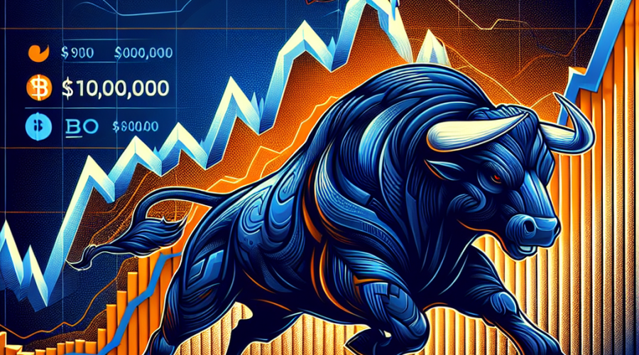 "SEO alt-text: Illustration of a powerful bull, embodying the bullish trend in Bitcoin trading, dynamically charging forward against a fluctuating graph of Bitcoin rates in dark blue (#000D43) and orange (#FF9811) hues. The image also showcases a visible price tag marked at '$90,000' indicating a potential Bitcoin pullback, and a flag signifying a prospective breakout towards '$105,000'. The dark Bitcoin logo in midnight blue (#021B88) showcases the article's key point."