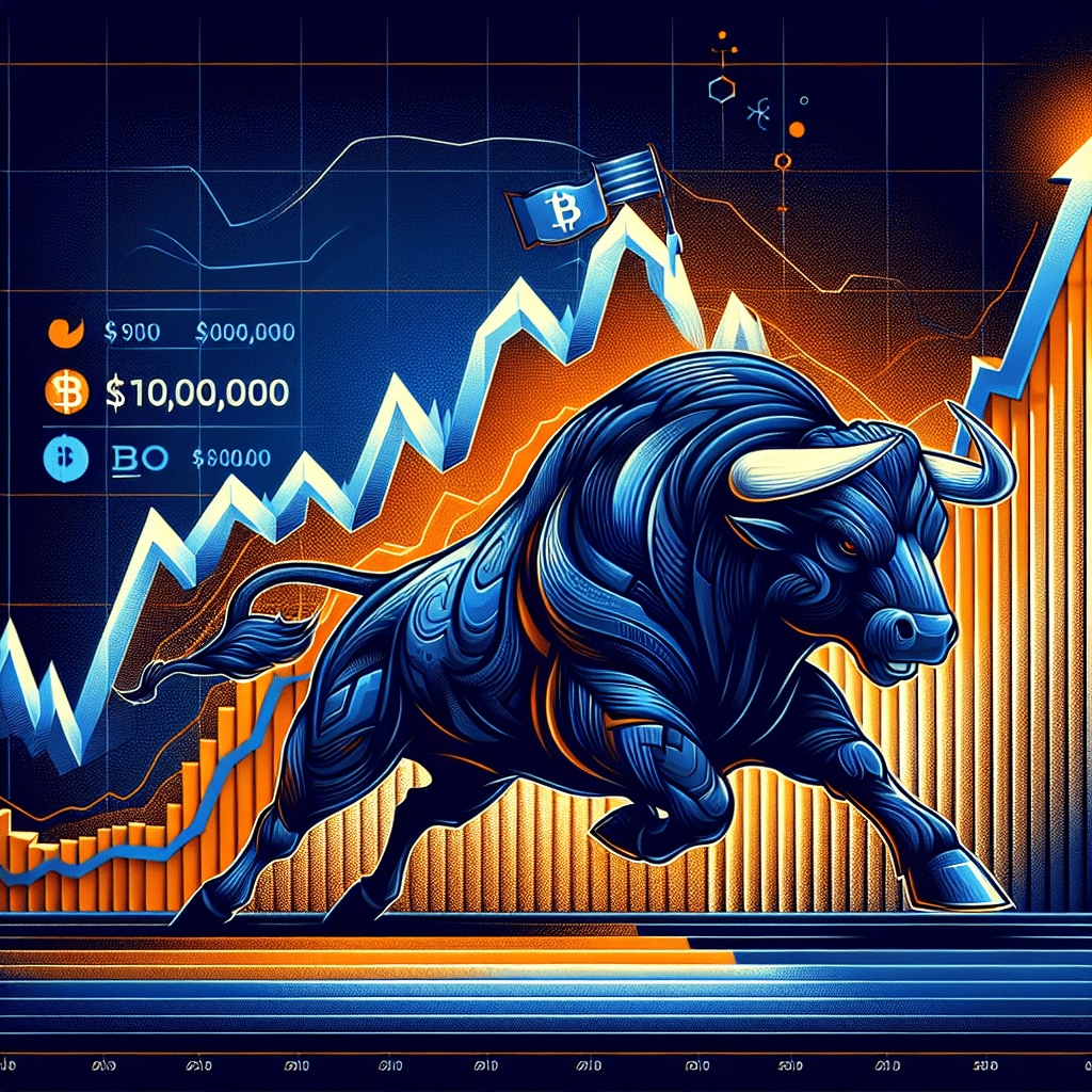 "SEO alt-text: Illustration of a powerful bull, embodying the bullish trend in Bitcoin trading, dynamically charging forward against a fluctuating graph of Bitcoin rates in dark blue (#000D43) and orange (#FF9811) hues. The image also showcases a visible price tag marked at ',000' indicating a potential Bitcoin pullback, and a flag signifying a prospective breakout towards '5,000'. The dark Bitcoin logo in midnight blue (#021B88) showcases the article's key point."