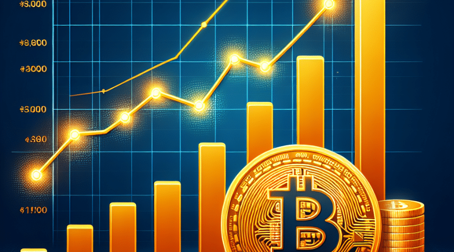 "Bitcoin Surge: Reasons & Predictions - a brightly lit graphic of a rising Bitcoin in brand specific orange color on a dual-shade blue background, complemented with an upward-trending bar graph representing increasing price discussed in the content."