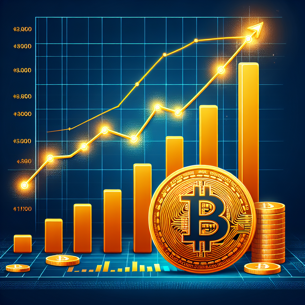 "Bitcoin Surge: Reasons & Predictions - a brightly lit graphic of a rising Bitcoin in brand specific orange color on a dual-shade blue background, complemented with an upward-trending bar graph representing increasing price discussed in the content."