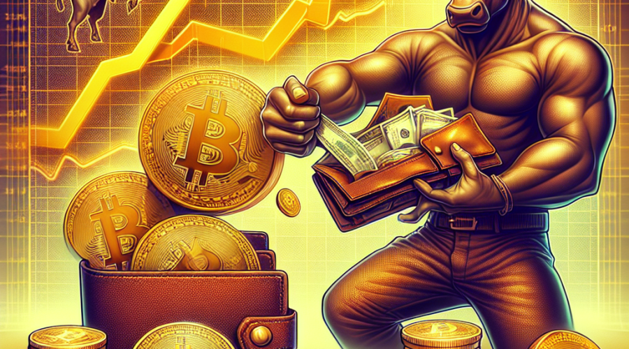 "Bitcoin coins cascading dramatically from a vibrant orange wallet symbolizing profitable activity in the bullish market, with a determined bull character dominating the foreground. The Bitcoin logo is visibly embedded within the coins. The inclusion of an ascending Bitcoin price chart in the background and a subtle whale silhouette represent James Wynn's influence. The image, echoing the vibrant brand colours of Orange, carries the poignant text: 'Bitcoin: Profit-Taking Fuels Bull Momentum.'"