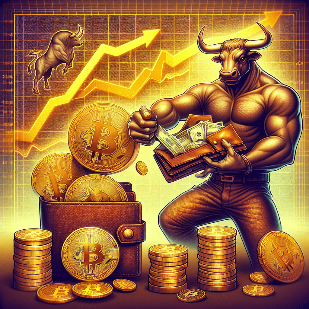 "Bitcoin coins cascading dramatically from a vibrant orange wallet symbolizing profitable activity in the bullish market, with a determined bull character dominating the foreground. The Bitcoin logo is visibly embedded within the coins. The inclusion of an ascending Bitcoin price chart in the background and a subtle whale silhouette represent James Wynn's influence. The image, echoing the vibrant brand colours of Orange, carries the poignant text: 'Bitcoin: Profit-Taking Fuels Bull Momentum.'"