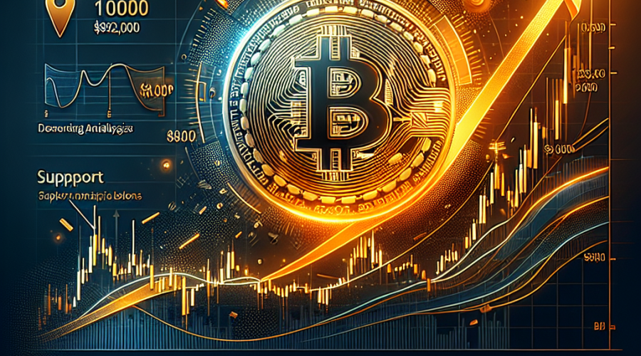 "Ascending Bitcoin coin against a backdrop of a bullish financial chart highlighting $100,000 and $107,000 key levels, marked support levels at $92,000 and $85,000, subtle pennant and descending channel patterns, in an orange gradient denoting optimism and dark and midnight blue accents for brand identity, with discreet text saying 'Bitcoin nears $100,000!', perfect for a 1200x628px blog image placement."