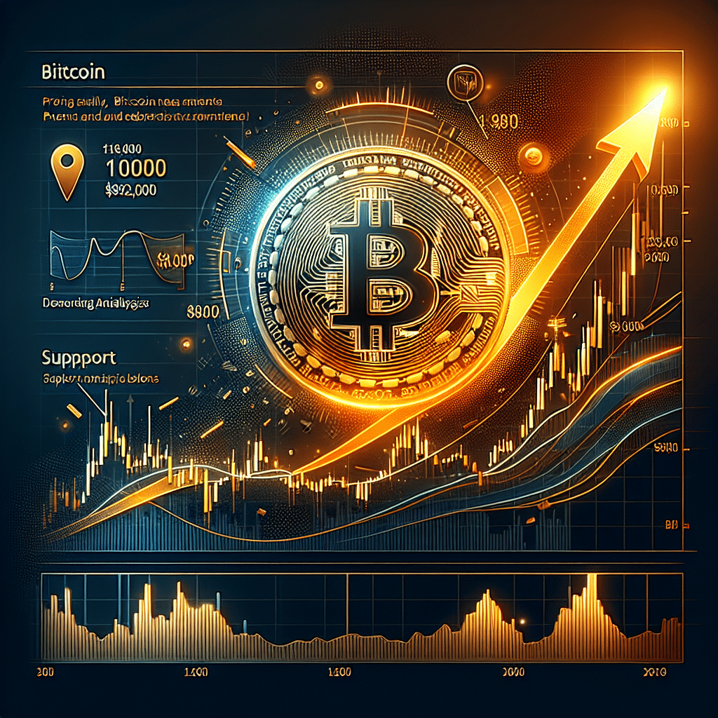 "Ascending Bitcoin coin against a backdrop of a bullish financial chart highlighting $100,000 and $107,000 key levels, marked support levels at $92,000 and $85,000, subtle pennant and descending channel patterns, in an orange gradient denoting optimism and dark and midnight blue accents for brand identity, with discreet text saying 'Bitcoin nears $100,000!', perfect for a 1200x628px blog image placement."