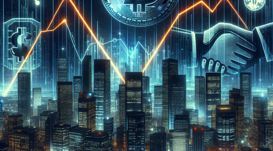 "Futuristic digital cityscape bathed in midnight blue tones depicting a rising Bitcoin value chart, subtly integrated logos of Bitcoin, Coinbase, Strategy, Riot and Mara, symbolizing the impact of Bitcoin crossing $100k on crypto stocks and global trade, including a symbolic handshake between Donald Trump and an unnamed representative. Also featuring interconnectedness through glowing digital lines, enhancing the theme of interconnected global trade and crypto economy."
