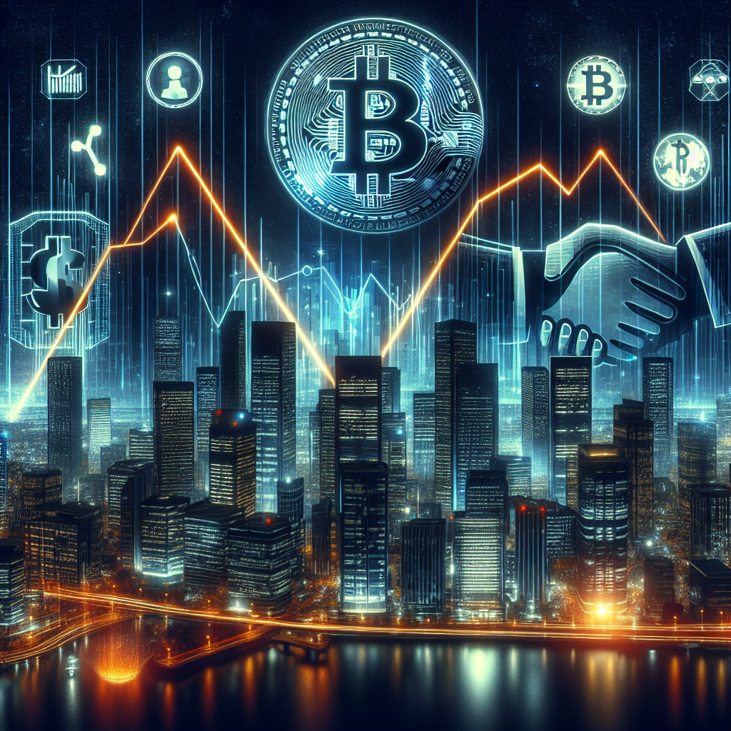 "Futuristic digital cityscape bathed in midnight blue tones depicting a rising Bitcoin value chart, subtly integrated logos of Bitcoin, Coinbase, Strategy, Riot and Mara, symbolizing the impact of Bitcoin crossing 0k on crypto stocks and global trade, including a symbolic handshake between Donald Trump and an unnamed representative. Also featuring interconnectedness through glowing digital lines, enhancing the theme of interconnected global trade and crypto economy."