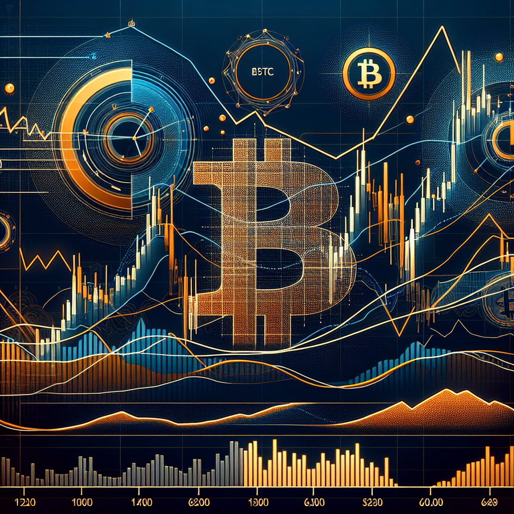 "SEO optimized image illustrating Bitcoin's volatile journey from K to 9K, featuring key MACD and SMA crossovers charts, along with visual representations of bearish crossover, golden cross, and bear trap in brand shades of orange, dark blue, and midnight blue. Incorporates an abstract Bitcoin symbol into the graphic with dimensions of 1200 x 628 pixels."