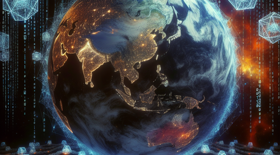 "Graphic image of a large, futuristic globe symbolizing Web3 with chains of varying sizes representing blockchain technology. Some chains are dissolving or breaking apart, illustrating the evolution of blockchain in Web3. The globe is set in a dark, digital space lit by subtle tones of orange, dark blue, and midnight blue. Subtle binary code can be seen in the background. The phrase 'The Evolution: Beyond Blockchain in Web3', in a blend of brand colors, overlays the image in the foreground."
