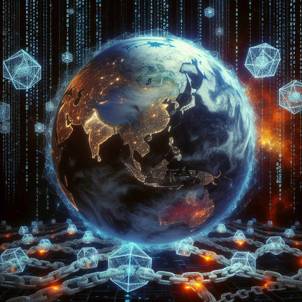 "Graphic image of a large, futuristic globe symbolizing Web3 with chains of varying sizes representing blockchain technology. Some chains are dissolving or breaking apart, illustrating the evolution of blockchain in Web3. The globe is set in a dark, digital space lit by subtle tones of orange, dark blue, and midnight blue. Subtle binary code can be seen in the background. The phrase 'The Evolution: Beyond Blockchain in Web3', in a blend of brand colors, overlays the image in the foreground."
