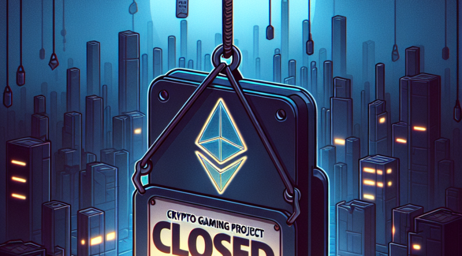 "Ember Sword game logo dimly illuminated with a 'Closed' sign hanging off it, hinting the shutdown of Crypto Gaming Project Ember Sword. A faded Ethereum logo and blurred blockchain structure in the background signify its association with cryptocurrency. The image background color gradient transitions from Dark Blue to Midnight Blue with touches of Orange for highlights, emphasizing the theme. Bold, off-centre text announces the project shutdown."