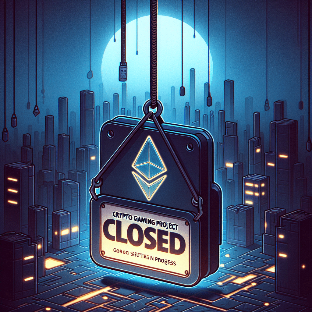 "Ember Sword game logo dimly illuminated with a 'Closed' sign hanging off it, hinting the shutdown of Crypto Gaming Project Ember Sword. A faded Ethereum logo and blurred blockchain structure in the background signify its association with cryptocurrency. The image background color gradient transitions from Dark Blue to Midnight Blue with touches of Orange for highlights, emphasizing the theme. Bold, off-centre text announces the project shutdown."
