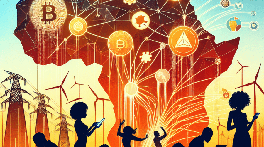 "African landscape with young individuals using digital devices, overlaid with blockchain, finance, and energy illustrative elements featuring digital currency and hydro station symbols. Connectivity between the devices expressed through faint lines, with colors in the brand palette of Orange - #FF9811, Dark Blue - #000D43, and Midnight blue - #021B88. A semi-transparent African continent in the background enhancing the overall theme - Blockchain Revolution in Africa: Innovation, Necessity, and Adoption."