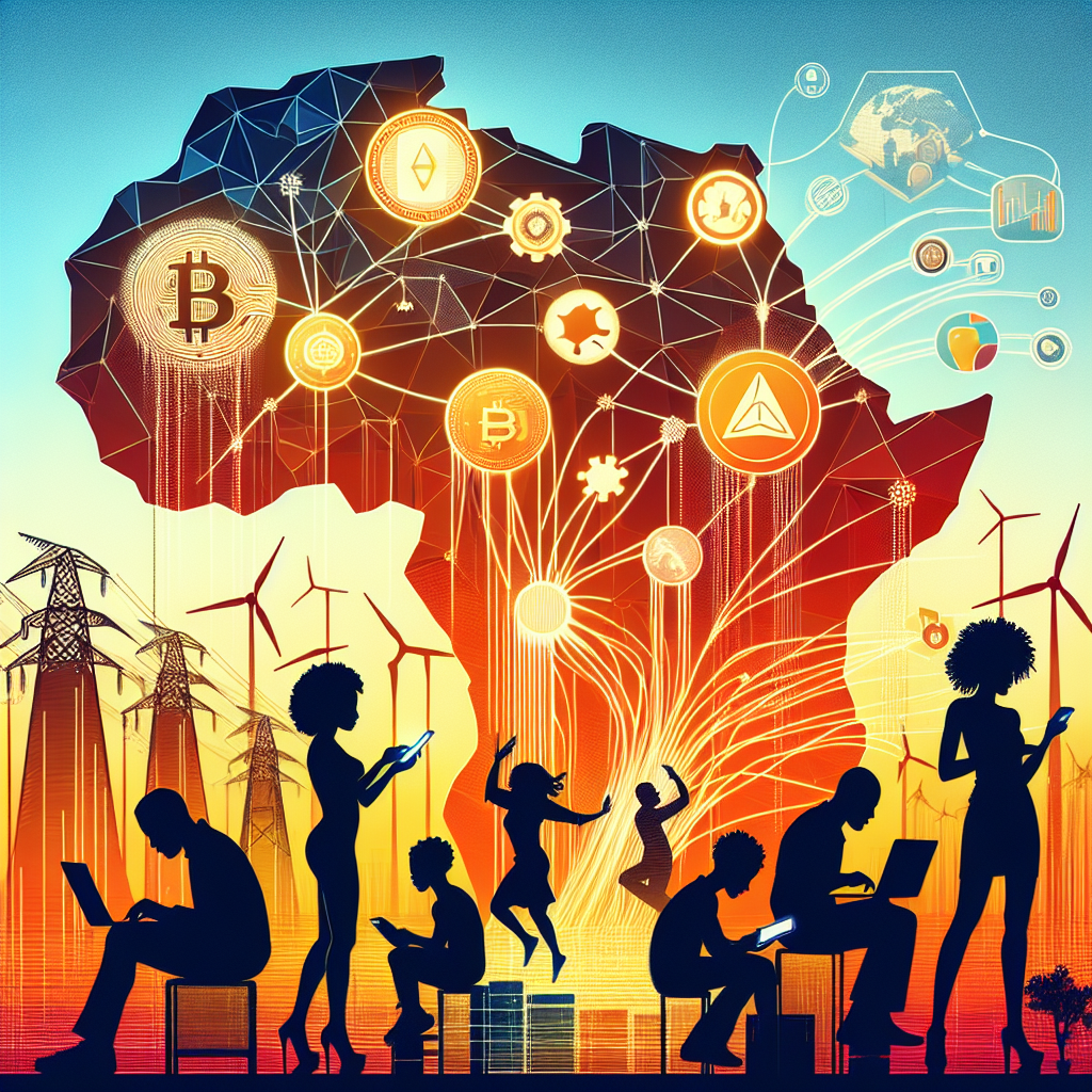 "African landscape with young individuals using digital devices, overlaid with blockchain, finance, and energy illustrative elements featuring digital currency and hydro station symbols. Connectivity between the devices expressed through faint lines, with colors in the brand palette of Orange - #FF9811, Dark Blue - #000D43, and Midnight blue - #021B88. A semi-transparent African continent in the background enhancing the overall theme - Blockchain Revolution in Africa: Innovation, Necessity, and Adoption."