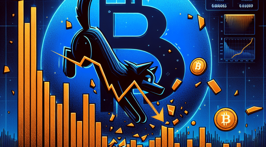 "Dark blue backdrop with a falling orange altcoin graph named 'Bonk' showing price drop from $0.0000256 to $0.0000209, a fractured Bitcoin emblem in midnight blue symbolizing market volatility, Solana's dog-themed coin logo casting shadow in a corner, bars representing spike in trade volume, and a banner emphasizing nearly 1-million Bonk user base; Depiction of turbulent cryptocurrency scene."