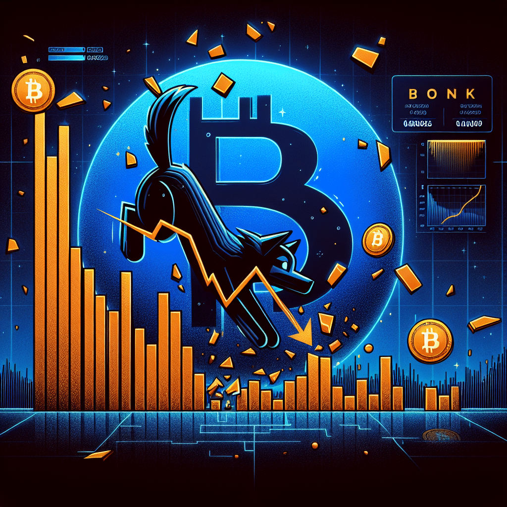 "Dark blue backdrop with a falling orange altcoin graph named 'Bonk' showing price drop from $0.0000256 to $0.0000209, a fractured Bitcoin emblem in midnight blue symbolizing market volatility, Solana's dog-themed coin logo casting shadow in a corner, bars representing spike in trade volume, and a banner emphasizing nearly 1-million Bonk user base; Depiction of turbulent cryptocurrency scene."