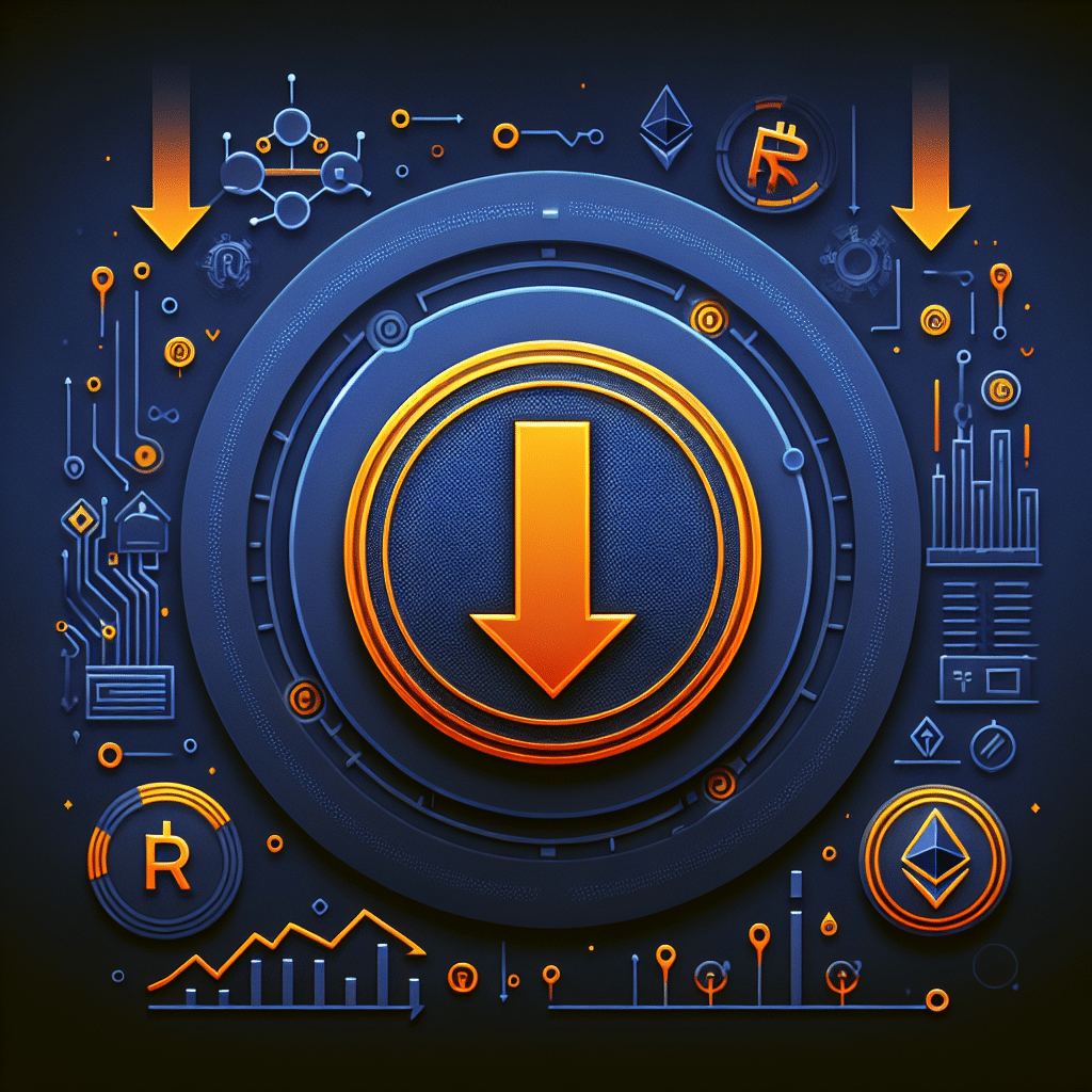 "Ilustración del token RIZE con una flecha descendente representando una disminución en su valor, con símbolos de la casa de cambio de criptomonedas Kraken, la red Ethereum Layer 2, bienes raíces e infraestructura en el fondo, colores azul medianoche en el fondo, naranja para RIZE y elementos infográficos clave, y azul oscuro para elementos decorativos o etiquetas. Tamaño de 1200 x 628 píxeles."