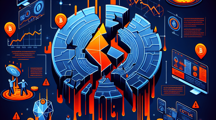 "An illustration showing a large-scale crypto exploit on a decentralized exchange, visualized through images of sinking digital tokens including Cetus, a cracked digital shield, and alarming red downward-pointing arrows. Sui blockchain and Hacken cybersecurity elements are depicted to represent their role in detecting this cyber danger. The alarming visuals are balanced with informative aspects. The design is done in brand colours: Attention-grabbing Orange (#FF9811) and deep Dark Blue (#000D08) & Midnight Blue (#021B88) backdrop."