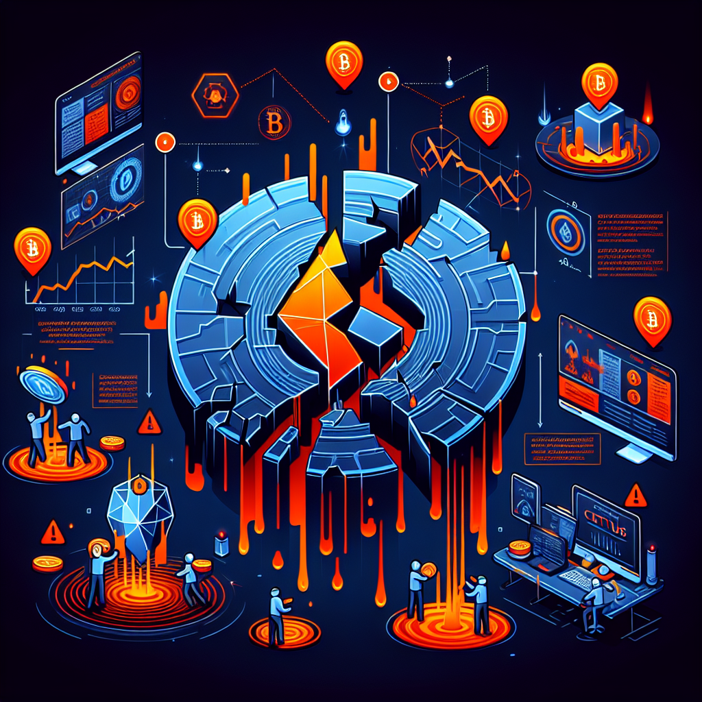 "An illustration showing a large-scale crypto exploit on a decentralized exchange, visualized through images of sinking digital tokens including Cetus, a cracked digital shield, and alarming red downward-pointing arrows. Sui blockchain and Hacken cybersecurity elements are depicted to represent their role in detecting this cyber danger. The alarming visuals are balanced with informative aspects. The design is done in brand colours: Attention-grabbing Orange (#FF9811) and deep Dark Blue (#000D08) & Midnight Blue (#021B88) backdrop."