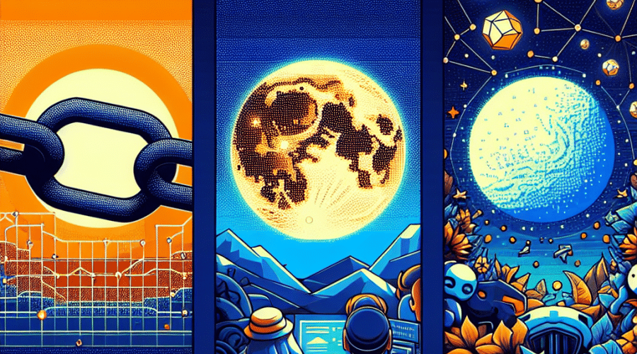 "An illustrative representation of three cryptocurrencies: Chainlink, SUI Coin, and XYZVerse. The image is divided into three parts with the top section displaying a chain link symbol interconnecting real-world data sources for Chainlink cryptocurrency, the middle part shows an innovative user-friendly digital interface for SUI Coin, and the bottom part portrays a vibrant scene of meme culture and sports for XYZVerse. The image incorporates the brand colors Orange: #FF9811, Dark Blue: #000D43, and Midnight blue: #021B88 with dimensions 1200 x 628 pixels."