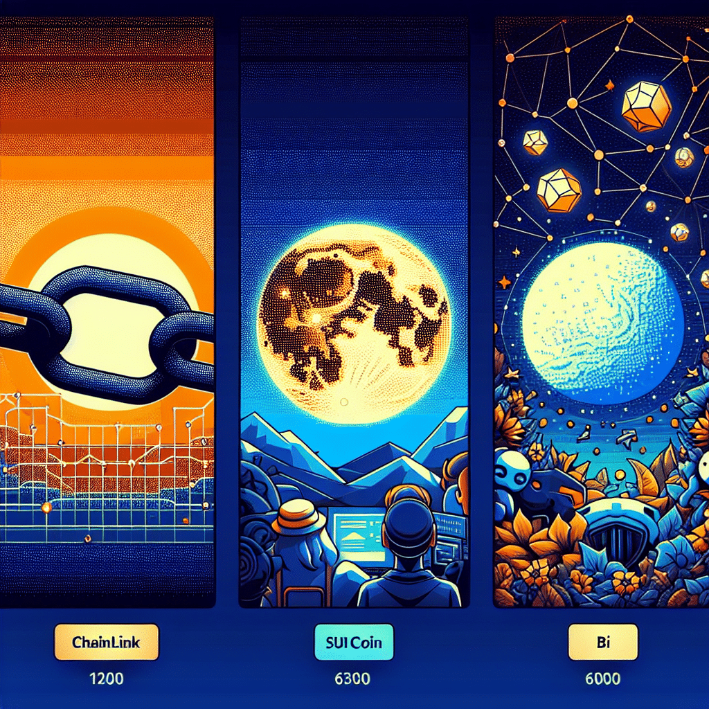 "An illustrative representation of three cryptocurrencies: Chainlink, SUI Coin, and XYZVerse. The image is divided into three parts with the top section displaying a chain link symbol interconnecting real-world data sources for Chainlink cryptocurrency, the middle part shows an innovative user-friendly digital interface for SUI Coin, and the bottom part portrays a vibrant scene of meme culture and sports for XYZVerse. The image incorporates the brand colors Orange: #FF9811, Dark Blue: #000D43, and Midnight blue: #021B88 with dimensions 1200 x 628 pixels."