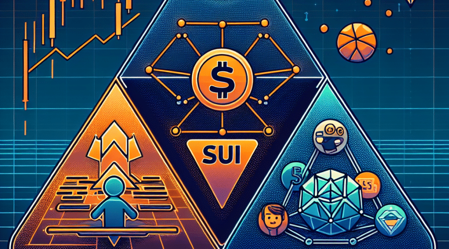 "Gráfico con tres secciones que muestran representaciones de las criptomonedas Chainlink, SUI y XYZVerse. Se muestra una gráfica ascendente para Chainlink con el símbolo LINK destacado, un icono de interfaz amigable para el usuario para SUI y para XYZVerse se utilizan imágenes relacionadas con los deportes y los memes con el símbolo XYZ. El fondo es un degradado en azul oscuro (#000D43) a azul medianoche (#021B88). Los nombres y símbolos de cada criptomoneda se destacan en naranja (#FF9811). Texto 'Futuro de la Criptomoneda' en la parte superior de la imagen. Dimension de imagen 1200 x 628 pixeles."