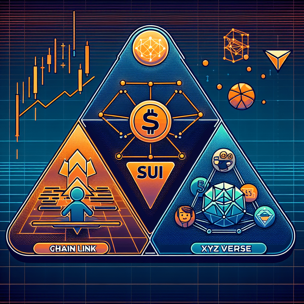 "Gráfico con tres secciones que muestran representaciones de las criptomonedas Chainlink, SUI y XYZVerse. Se muestra una gráfica ascendente para Chainlink con el símbolo LINK destacado, un icono de interfaz amigable para el usuario para SUI y para XYZVerse se utilizan imágenes relacionadas con los deportes y los memes con el símbolo XYZ. El fondo es un degradado en azul oscuro (#000D43) a azul medianoche (#021B88). Los nombres y símbolos de cada criptomoneda se destacan en naranja (#FF9811). Texto 'Futuro de la Criptomoneda' en la parte superior de la imagen. Dimension de imagen 1200 x 628 pixeles."