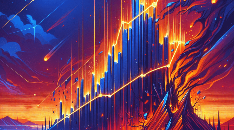 "Logo del juego Ember Sword, un MMORPG basado en blockchain, lamentablemente cerrando sus operaciones. Se muestra un gráfico declinante que simboliza la caída del precio de su token nativo, EMBER, sobre un fondo azul oscuro con destellos de azul medianoche. El naranja, representativo del ardiente espíritu de Ember Sword, resalta en la imagen. Tamaño: 1200 x 628 píxeles."