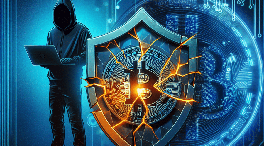 "Coinbase logo on a broken shield symbolizing a data breach, shadowy hacker figure, glowing Bitcoin symbol in the dark and midnight blue background, with orange accents, alongside text 'Coinbase Data Breach: A Threat to Crypto Security'".