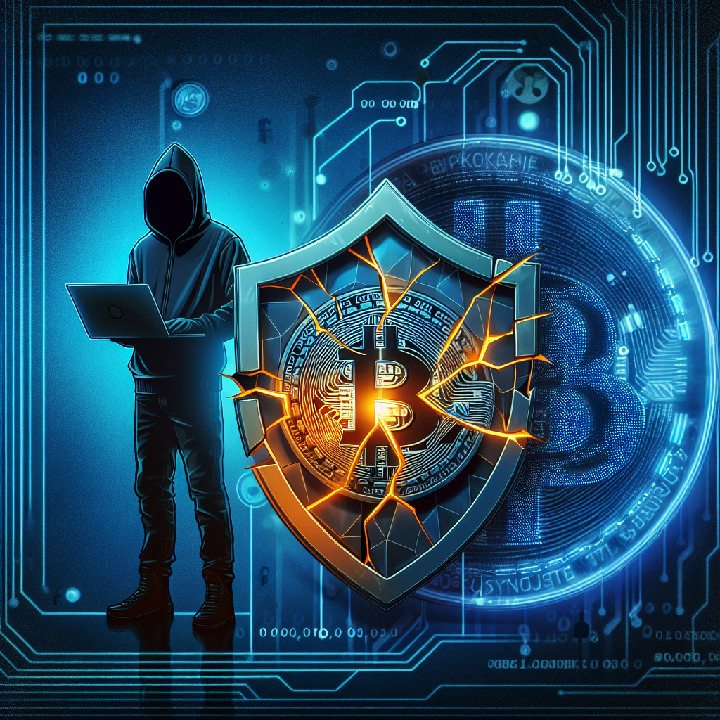 "Coinbase logo on a broken shield symbolizing a data breach, shadowy hacker figure, glowing Bitcoin symbol in the dark and midnight blue background, with orange accents, alongside text 'Coinbase Data Breach: A Threat to Crypto Security'".