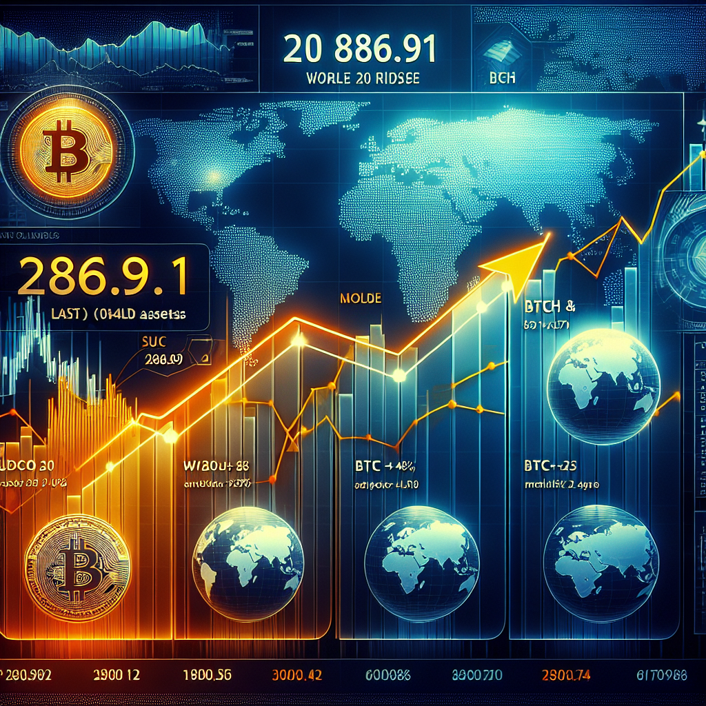 "Financial market dashboard, showcasing a strong rise in the CoinDesk 20 Index at 2869.91. Featuring graphical data and global maps, highlighting leaders SUI and BCH with significant growth, while BTC and LTC show smaller increments. Executed in brand colours of Orange, Dark Blue, and Midnight Blue, articulates the global and multi-platform nature of trading; image size 1200 x 628 pixels."