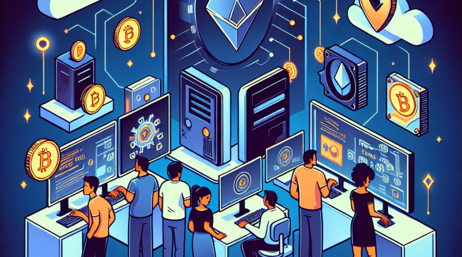 "Ilustración de un grupo diverso de figuras accediendo a computadoras de alto rendimiento y GPUs a través de servicios en la nube, con tokens digitales flotando alrededor. Imagen superpuesta con el logotipo de Cysic y el texto 'Accede a Hardware Real con Activos Tokenizados' en letras audaces color azul medianoche con acentos naranjas. Fondo en azul oscuro para crear una estética futurista de alta tecnología."