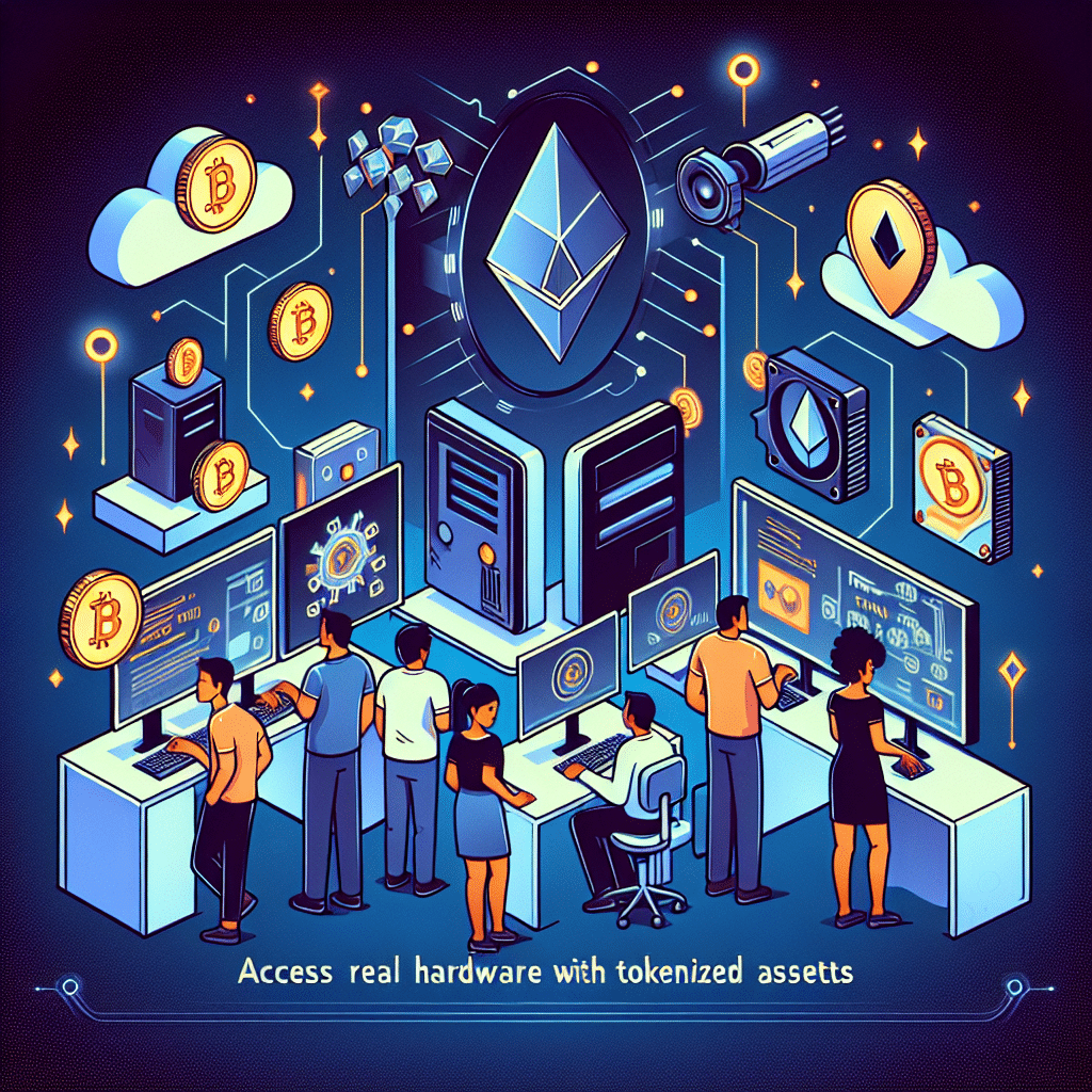 "Ilustración de un grupo diverso de figuras accediendo a computadoras de alto rendimiento y GPUs a través de servicios en la nube, con tokens digitales flotando alrededor. Imagen superpuesta con el logotipo de Cysic y el texto 'Accede a Hardware Real con Activos Tokenizados' en letras audaces color azul medianoche con acentos naranjas. Fondo en azul oscuro para crear una estética futurista de alta tecnología."