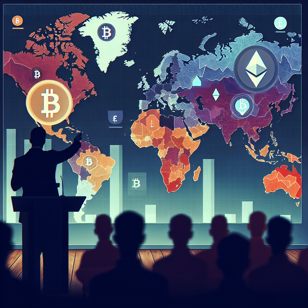 "Changpeng CZ Zhao delivering speech at Token2049 conference, standing beside a European map with muted colors illustrating low crypto adoption and Bitcoin and Ethereum logos; bright spots highlight Dubai and Bhutan for their bitcoin and ether growth, resonating with brand colors Orange, Dark Blue, and Midnight Blue in a 1200x628px image"