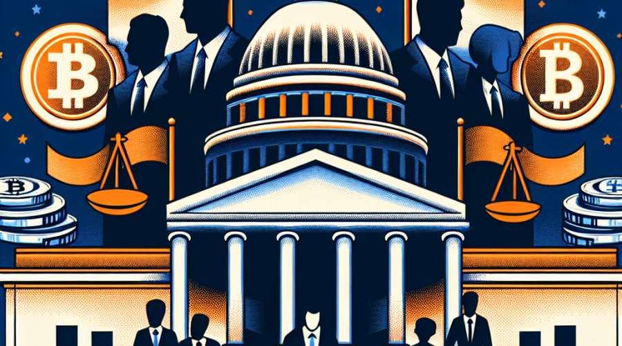 "Image of the US Capitol overlayed with cryptocurrency symbols in dark blue and midnight blue colors, featuring silhouette figures representing Trump and Democratic senators, indicative of their connection with World Liberty Financial. Image foreground shows them backing off crypto legislation due to corruption concerns in vibrant shades of orange. Designed in 1200 x 628 pixel size."
