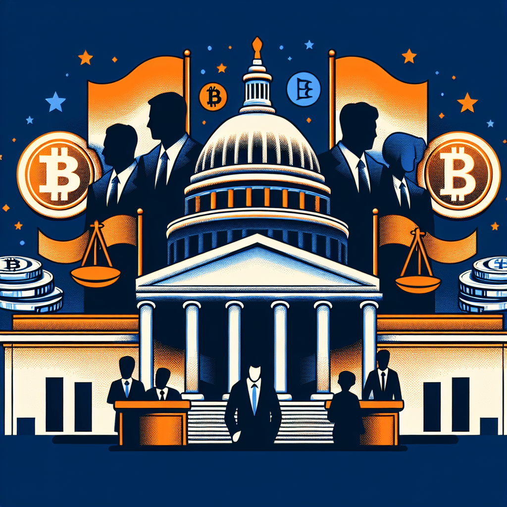 "Image of the US Capitol overlayed with cryptocurrency symbols in dark blue and midnight blue colors, featuring silhouette figures representing Trump and Democratic senators, indicative of their connection with World Liberty Financial. Image foreground shows them backing off crypto legislation due to corruption concerns in vibrant shades of orange. Designed in 1200 x 628 pixel size."