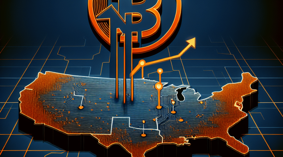 "Deribit cryptocurrency exchange's expansion into the US market represented by an orange United States map on a dark blue background, with a dynamic Bitcoin symbol encased in a growth arrow. The company logo in midnight blue accompanies the captivating statement 'Expanding Horizons - Deribit Eyeing US Market' in bright orange."
