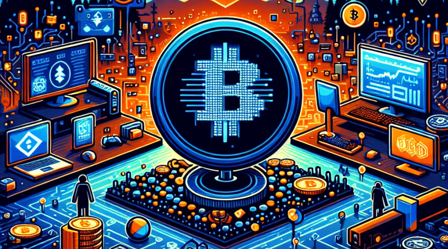 "Digital landscape representing Enjin Blockchain's new testnet support for stablecoins USDC and USDT using Hyperbridge, featuring gaming elements, NFT artworks, and symbols of blockchain and stablecoins. This vibrant illustration showcases Enjin's multi-token capabilities, with visuals highlighting cross-chain functionality and a luminescent depiction of Ethereum or BNB Chain for the locking and minting process. The image displays a balanced use of Orange, Dark Blue and Midnight Blue, aligning with the brand guidelines. The Enjin logo is subtly overlaid within the design to represent its ecosystem."
