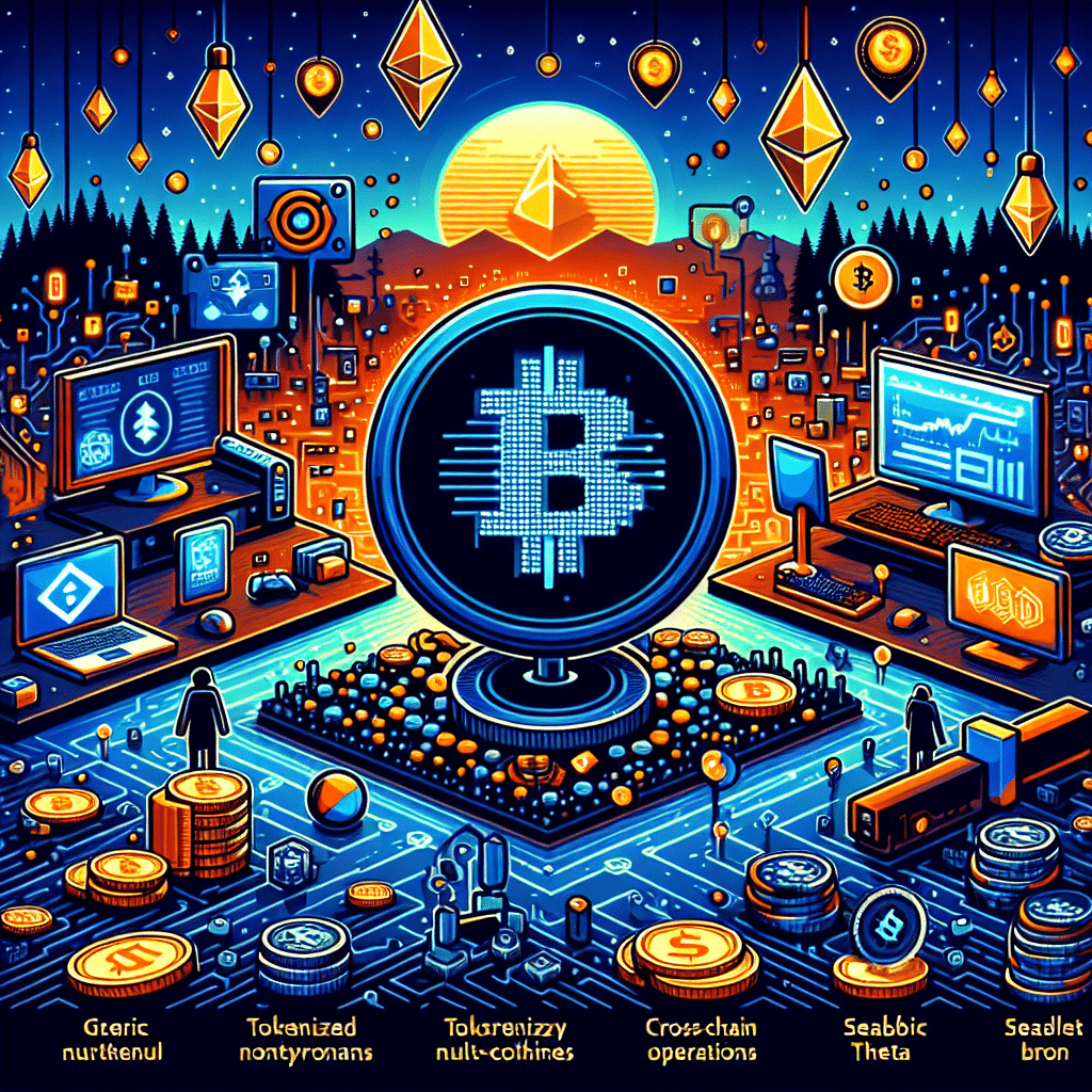 "Digital landscape representing Enjin Blockchain's new testnet support for stablecoins USDC and USDT using Hyperbridge, featuring gaming elements, NFT artworks, and symbols of blockchain and stablecoins. This vibrant illustration showcases Enjin's multi-token capabilities, with visuals highlighting cross-chain functionality and a luminescent depiction of Ethereum or BNB Chain for the locking and minting process. The image displays a balanced use of Orange, Dark Blue and Midnight Blue, aligning with the brand guidelines. The Enjin logo is subtly overlaid within the design to represent its ecosystem."