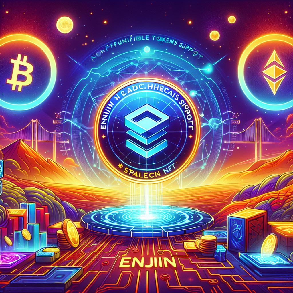 "Imagen destacada con el símbolo de la Blockchain de Enjin en primer plano rodeado de los símbolos de USDC y USDT. En el fondo, se muestra un próspero ecosistema de juegos unido con elementos que representan los conceptos de NFTs y la tecnología Hyperbridge. La imagen está coloreada con los colores de marca: naranja #FF9811, azul oscuro #000D43, azul medianoche #021B88. La frase 'Enjin Blockchain agrega soporte Stablecoin' está destacada en la imagen. El tamaño de la imagen es de 1200 x 628 píxeles."