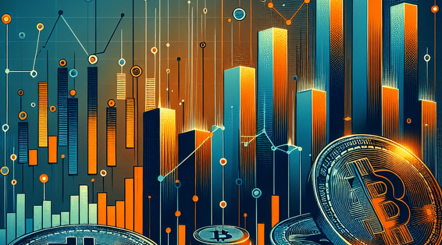 "Arte abstracto digital que representa la adquisición de Bitcoin por 'Strategy', con un gráfico de barras apiladas en Azul Oscuro (#000D43) y Naranja (#FF9811), siluetas semi-transparentes de bitcoins, un documento legal y el logo de la empresa en Azul Medianoche (#021B88) para un diseño coherente con la marca. El fondo sutil con tonos degradados de naranja y azul complementa el esquema de colores de la marca. Título 'El crecimiento de las reservas de Bitcoin de Strategy' en letras vivas y llamativas. Ideal para publicación en blog de WordPress con 1200 x 628 píxeles."