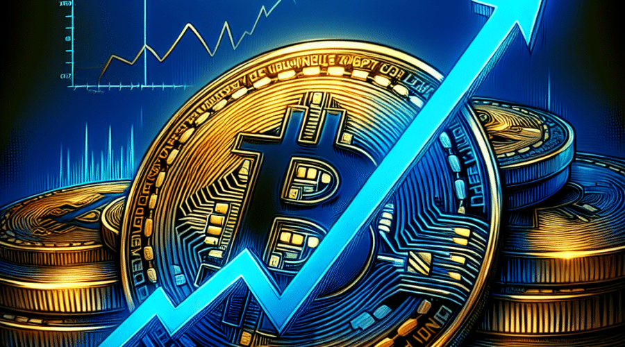 "Oro visible y monedas de bitcoin de color azul oscuro con un gráfico de líneas azules ascendente en su superficie para representar el aumento en las reservas de bitcoin de una empresa. Se incluyen sutiles toques de azul medianoche para simbolizar a las empresas mencionadas en el artículo, Strategy y Semler Scientific. Se muestra en letras naranjas y en negrita 'Las inversiones en Bitcoin de la empresa se disparan' en el centro de la imagen, y se muestra de forma sutil el símbolo del dinero en el fondo. El tamaño de la imagen es de 1200 x 628 píxeles."