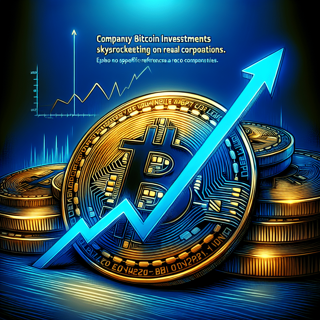 "Oro visible y monedas de bitcoin de color azul oscuro con un gráfico de líneas azules ascendente en su superficie para representar el aumento en las reservas de bitcoin de una empresa. Se incluyen sutiles toques de azul medianoche para simbolizar a las empresas mencionadas en el artículo, Strategy y Semler Scientific. Se muestra en letras naranjas y en negrita 'Las inversiones en Bitcoin de la empresa se disparan' en el centro de la imagen, y se muestra de forma sutil el símbolo del dinero en el fondo. El tamaño de la imagen es de 1200 x 628 píxeles."