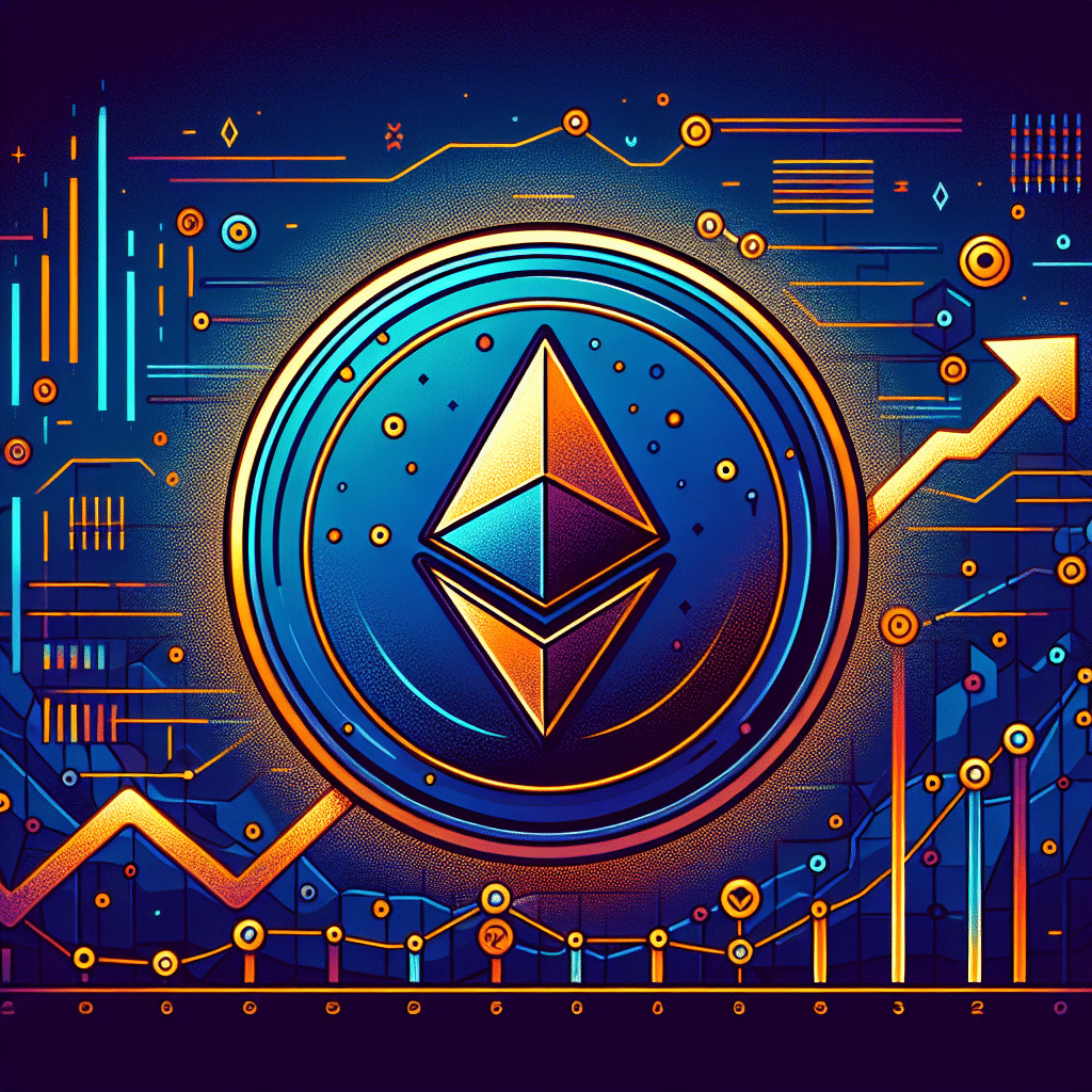 "Stylized Ethereum coin against Polymarket brand colours backdrop with 'Ethereum's Potential Rise' text at the top, a glowing Orange trend line chart showcasing recent pricing and future projections towards ,000, plus a faint golden cross and bullish flag pattern for technical analysis, and 'Polymarket Predictions & Technological Analysis' text in Midnight blue at the bottom."