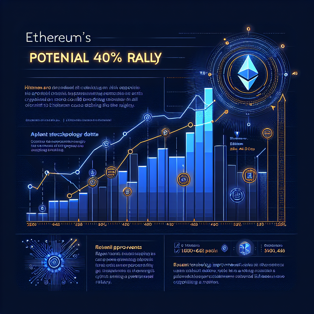 "Midnight and dark blue graph depicting Ethereum's upward growth trend with an outstanding 40% rally prediction. Highlighted orange text on top reads 'Ethereum's Potential 40% Rally', along with a small 'ETH' logo. Note at the bottom emphasizes recent upgrades influencing the rally. Image size is 1200x628 pixels."