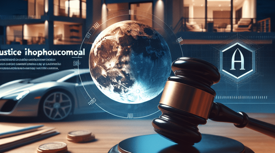 "Imagen de un martillo de juez en una mesa simbolizando la justicia, con un fondo desvanecido de casas de lujo y autos de gama alta como Tesla y Audi. Se muestra prominentemente el logo de SafeMoon. Texto superpuesto que dice 'Se sirve justicia en el caso de fraude de SafeMoon'. Se utilizan los colores de la marca, el naranja #FF9811 para resaltar los titulares y textos clave y el azul oscuro #000D43 más el azul medianoche #021B88 para el gradiente de fondo y los elementos de diseño. Antiguo CEO de SafeMoon, Braden Karony, encontrado culpable de fraude de criptomonedas."