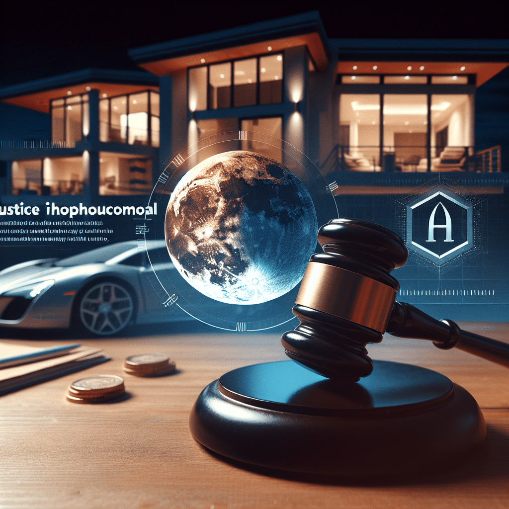 "Imagen de un martillo de juez en una mesa simbolizando la justicia, con un fondo desvanecido de casas de lujo y autos de gama alta como Tesla y Audi. Se muestra prominentemente el logo de SafeMoon. Texto superpuesto que dice 'Se sirve justicia en el caso de fraude de SafeMoon'. Se utilizan los colores de la marca, el naranja #FF9811 para resaltar los titulares y textos clave y el azul oscuro #000D43 más el azul medianoche #021B88 para el gradiente de fondo y los elementos de diseño. Antiguo CEO de SafeMoon, Braden Karony, encontrado culpable de fraude de criptomonedas."